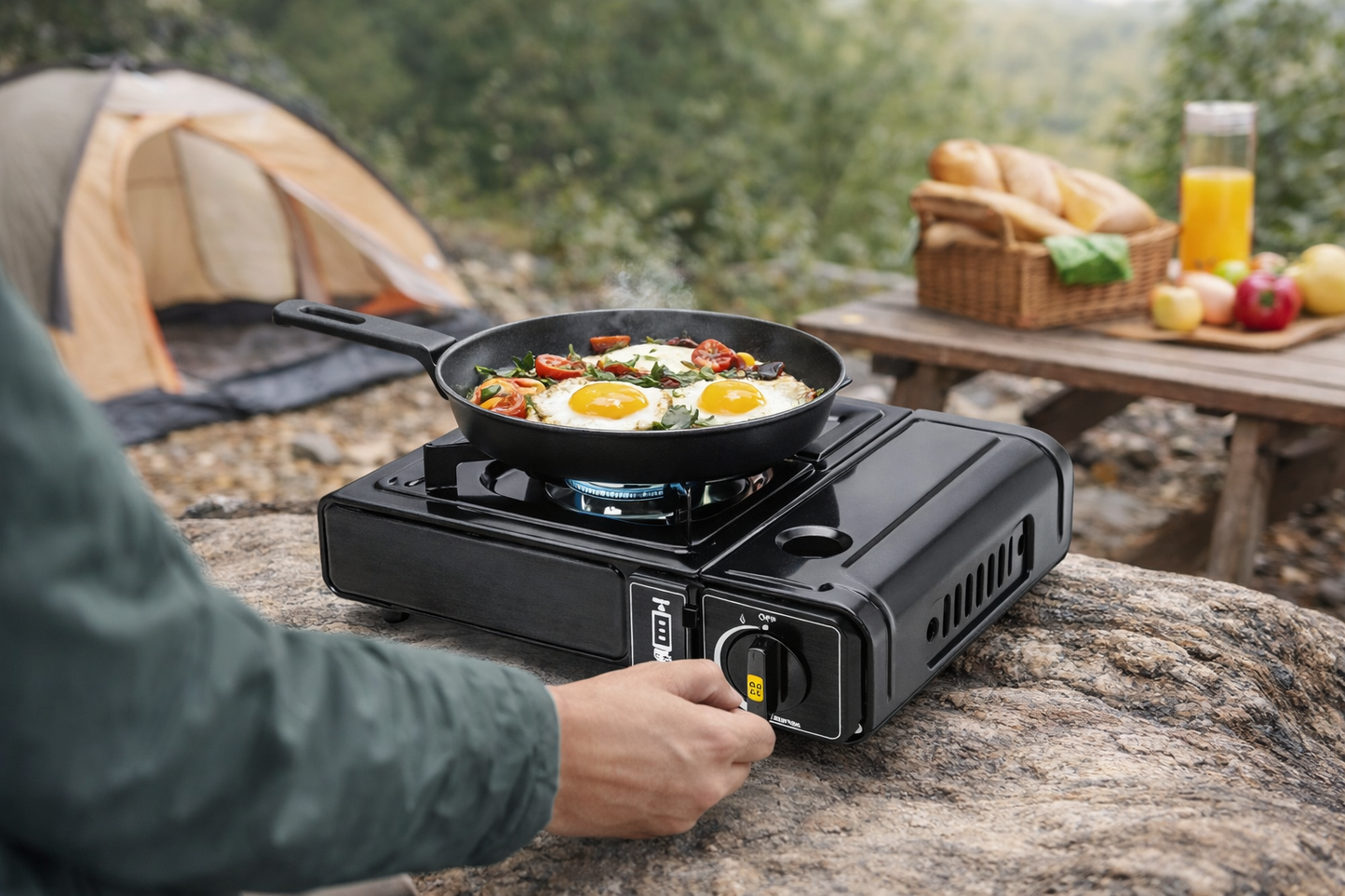 Portable Gas Stove with Carrying Case | Windshield & Safety Shut-Off | Camping Picnic Outdoor