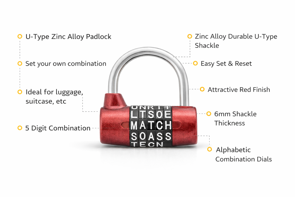 5-Digit Letter Combination Padlock – U-Type Zinc Alloy, Resettable Word Code, Keyless, Red