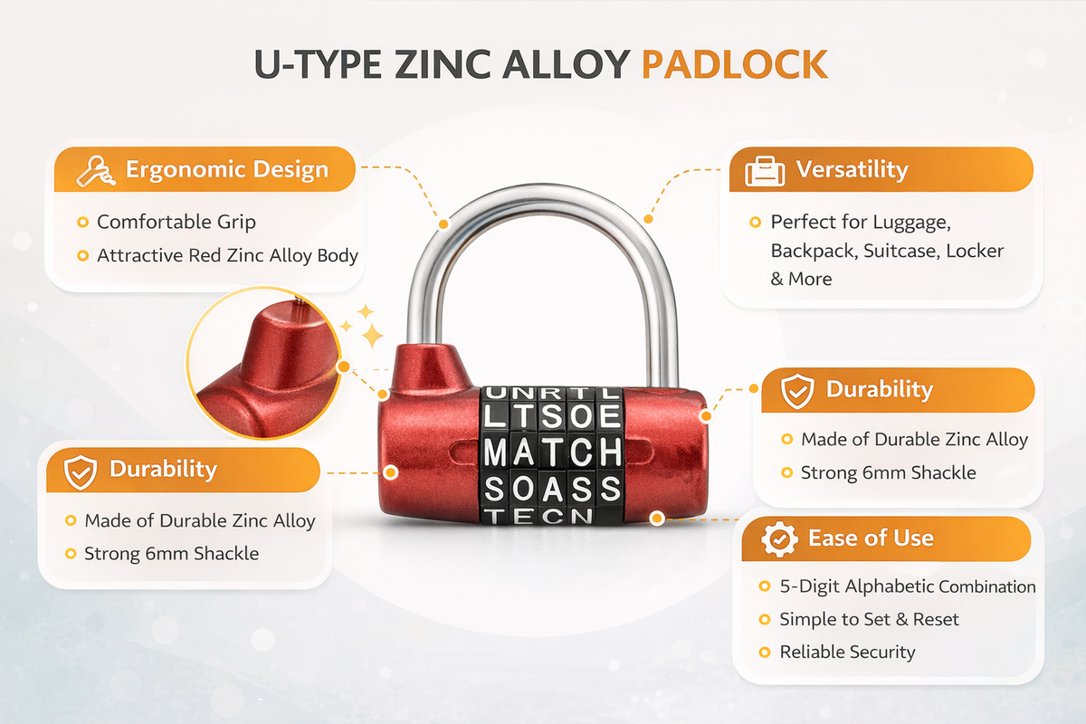 5-Digit Letter Combination Padlock – U-Type Zinc Alloy, Resettable Word Code, Keyless, Red