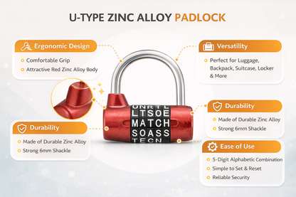 5-Digit Letter Combination Padlock – U-Type Zinc Alloy, Resettable Word Code, Keyless, Red