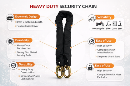 Security Chain 1 Metre Nylon Sleeved – Nickel Plated Heavy Duty Links – 8mm or 10mm – Bike Motorcycle Gate