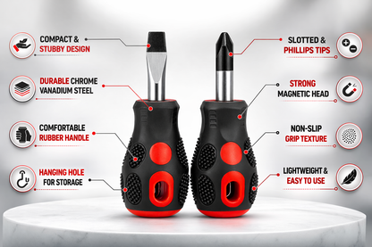 2 Piece Stubby Screwdriver Set – CR-V Magnetic Tips, Bi-Material Non-Slip Grip – Slotted Phillips or PZ2