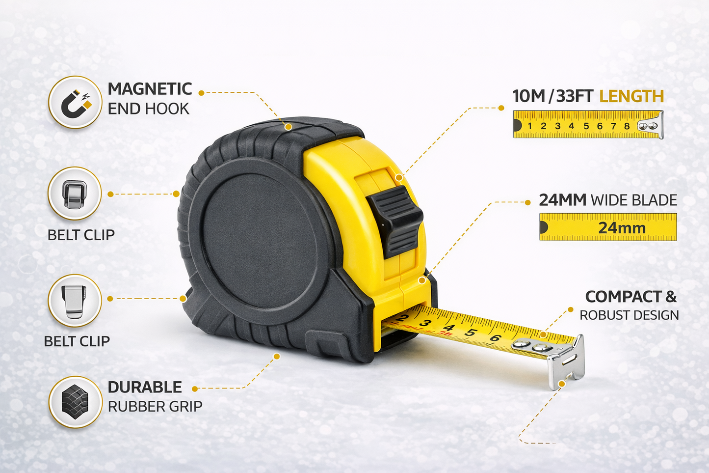 Tape Measure with Auto-Lock and Rubber Grip – Metric and Imperial Blade – 3m 5m 7.5m 10m – Yellow or Red