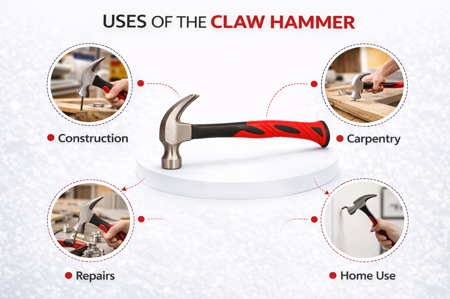 Claw Hammer 8oz 16oz 20oz – Hardened Steel Head, Fibreglass Shaft, Bi-Material Red Black Grip, Curved Claw