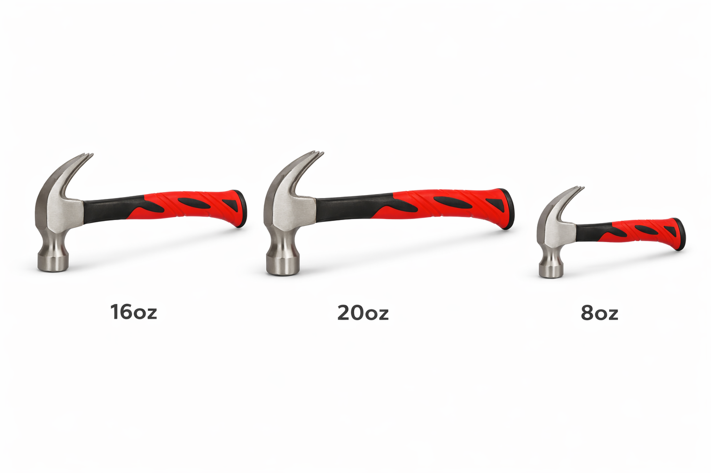 Claw Hammer 8oz 16oz 20oz – Hardened Steel Head, Fibreglass Shaft, Bi-Material Red Black Grip, Curved Claw