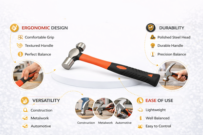 16oz Ball Pein Hammer Fiberglass Handle | Forged Steel Head | Metalwork & Workshop Use