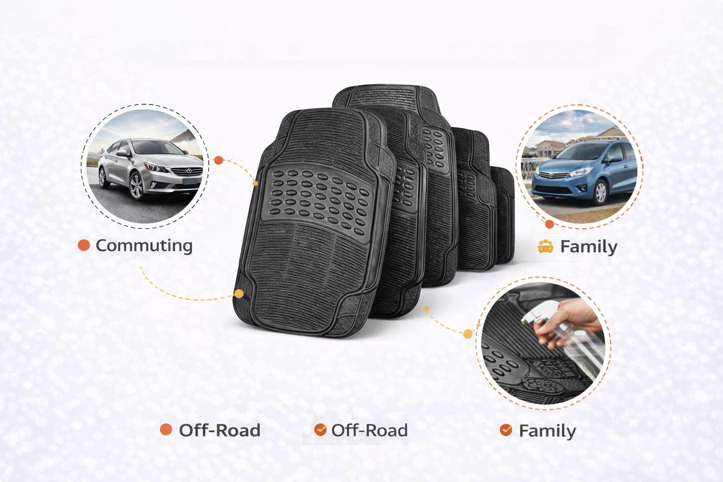 Heavy Duty 4 Piece and 5 Piece Car Mat Set – Rubber and Carpet, Universal Fit, Non-Slip, Black