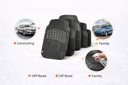 Heavy Duty 4 Piece and 5 Piece Car Mat Set – Rubber and Carpet, Universal Fit, Non-Slip, Black