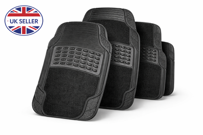 Heavy Duty 4 Piece and 5 Piece Car Mat Set – Rubber and Carpet, Universal Fit, Non-Slip, Black