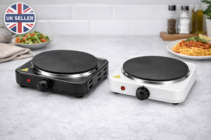 1500W Single Electric Hot Plate with Thermostat – Overheat Protection, Variable Heat, Non-Slip – Black or White