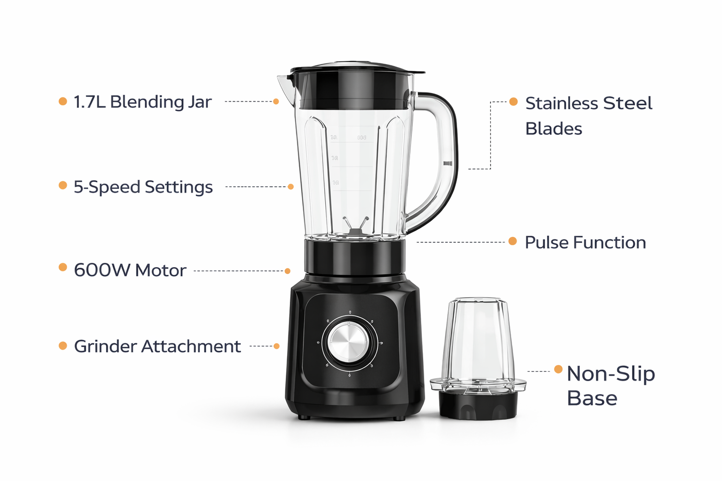 600W 2-in-1 Blender Grinder | 1.5L Jar | 5 Speed + Pulse | Grinder Attachment | Black or White