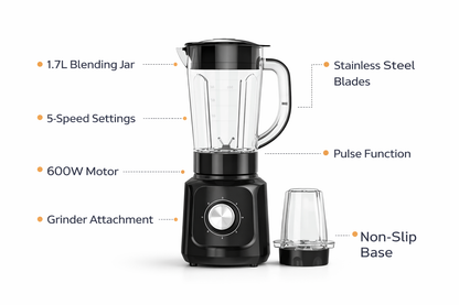 600W 2-in-1 Blender Grinder | 1.5L Jar | 5 Speed + Pulse | Grinder Attachment | Black or White