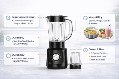 600W 2-in-1 Blender Grinder | 1.5L Jar | 5 Speed + Pulse | Grinder Attachment | Black or White