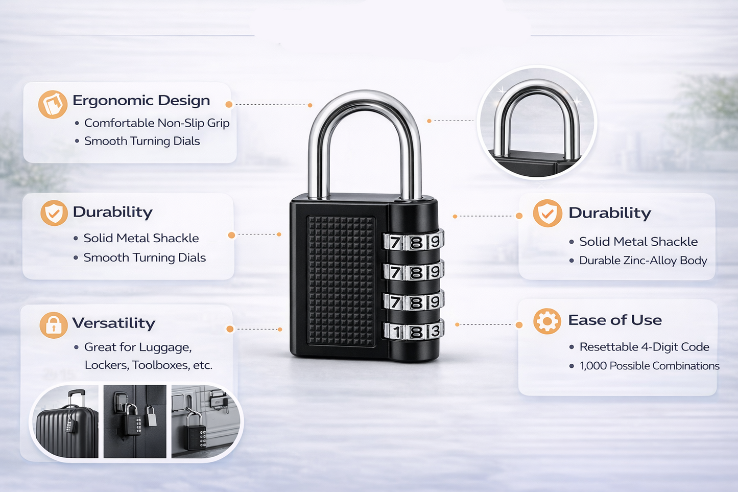 4-Digit Combination Padlock Long Shackle & Standard Zinc Alloy Resettable Security Lock