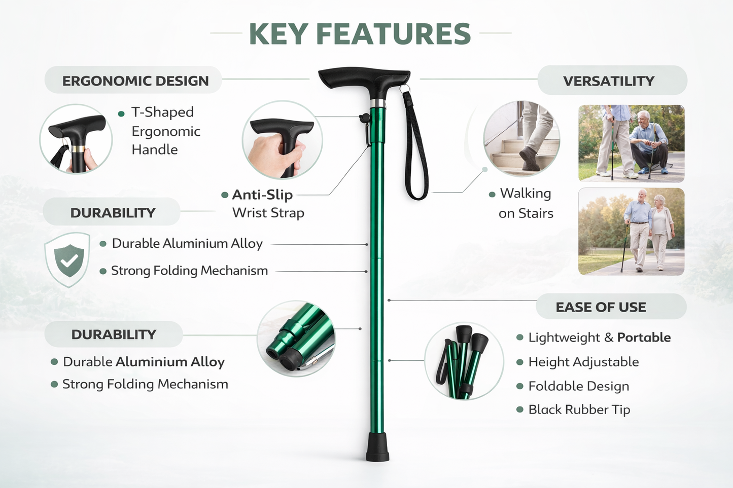 Foldable Aluminium Walking Stick | Lightweight, Adjustable & Portable | Ideal for Daily Use & Travel