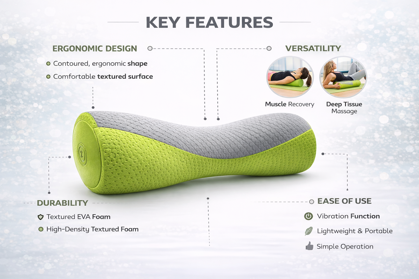Vibrating Yoga Roller & Massager | PU Foam, 3-Layer Mesh | Relief for Back, Neck, Hips & Calves
