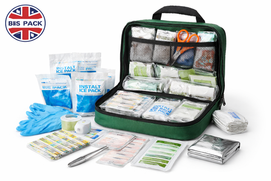 90 Piece First Aid Kit with Nylon Bag – Ice Packs, Foil Blanket, Dressings, Bandages and Gloves Included