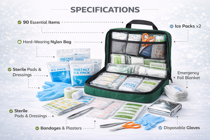 90 Piece First Aid Kit with Nylon Bag – Ice Packs, Foil Blanket, Dressings, Bandages and Gloves Included