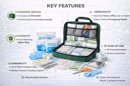 90 Piece First Aid Kit with Nylon Bag – Ice Packs, Foil Blanket, Dressings, Bandages and Gloves Included