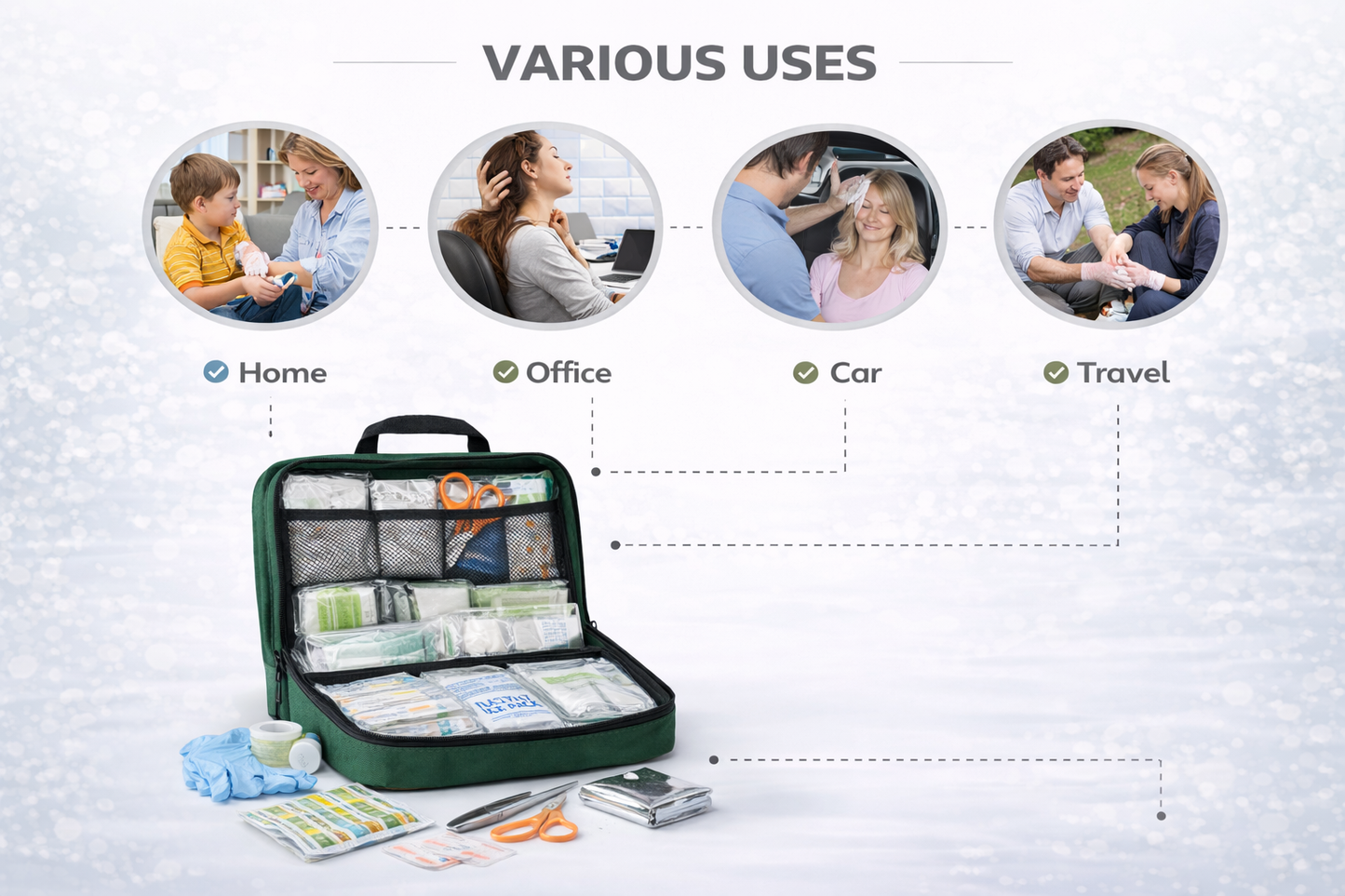 90 Piece First Aid Kit with Nylon Bag – Ice Packs, Foil Blanket, Dressings, Bandages and Gloves Included