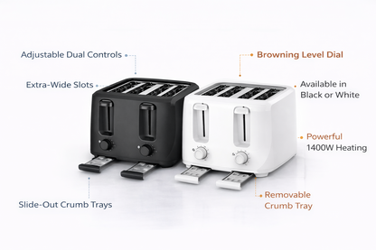 1400W 4 Slice Toaster with Dual Browning Controls, 6 Heat Levels and Removable Crumb Tray – White or Black