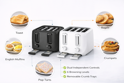 1400W 4 Slice Toaster with Dual Browning Controls, 6 Heat Levels and Removable Crumb Tray – White or Black
