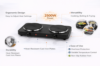 2500W Double Electric Hot Plate | Dual Thermostat | 2 Rings | Overheat Protection | White or Black
