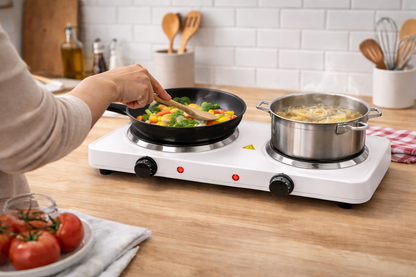 2500W Double Electric Hot Plate | Dual Thermostat | 2 Rings | Overheat Protection | White or Black