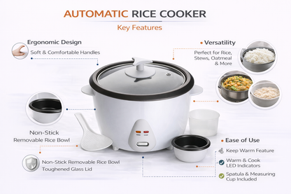 Automatic Rice Cooker | Keep Warm | Non-Stick Bowl | Glass Lid | Cup & Spatula | 2.5L or 2.8L