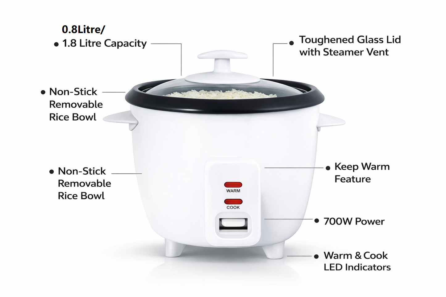 Automatic Rice Cooker | Keep Warm | Non-Stick Bowl | Glass Lid | Cup & Spatula | 0.8L or 1.8L