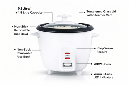 Automatic Rice Cooker | Keep Warm | Non-Stick Bowl | Glass Lid | Cup & Spatula | 0.8L or 1.8L