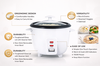 Automatic Rice Cooker | Keep Warm | Non-Stick Bowl | Glass Lid | Cup & Spatula | 0.8L or 1.8L