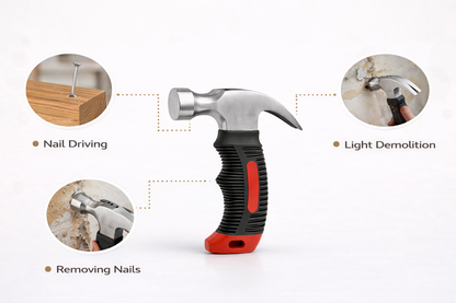 Mini Stubby Claw Hammer 8oz  | Compact Steel Head | Bi-Material Ribbed Grip | Tight Spaces & Home DIY