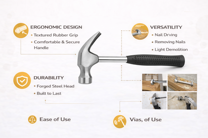 Claw Hammer with Tubular Steel Body & Rubber Grip | 8oz & 16oz | Drive Nails & Pull Fixings with Ease