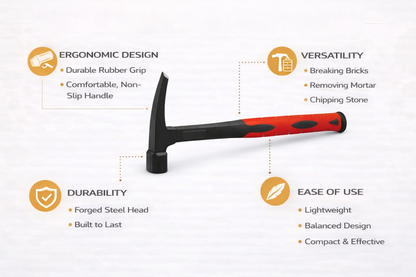 24oz Brick Hammer with Fiberglass Handle & Bi-Material Grip | Hardened Steel Head for Masonry & Stone Work