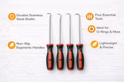 4pc Pick and Hook Set | Straight, Angled, Full Hook & 90° Pick | O-Ring, Seal & Split Pin Removal Tool Kit