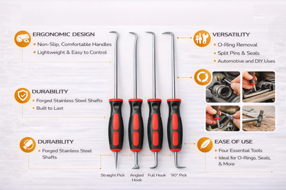 4pc Pick and Hook Set | Straight, Angled, Full Hook & 90° Pick | O-Ring, Seal & Split Pin Removal Tool Kit