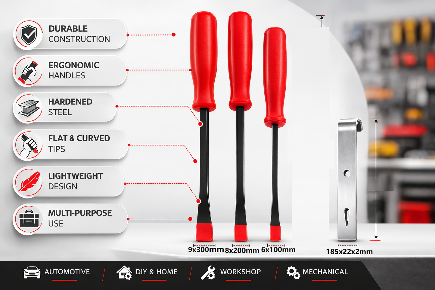 4pc Pry Bar Set | Hardened Steel & Black Oxide Finish | 300mm, 200mm, 100mm & Flat Bar | Anti-Rust Workshop Tools