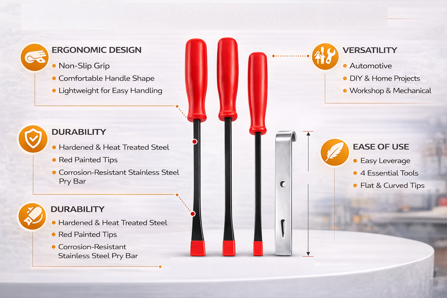 4pc Pry Bar Set | Hardened Steel & Black Oxide Finish | 300mm, 200mm, 100mm & Flat Bar | Anti-Rust Workshop Tools