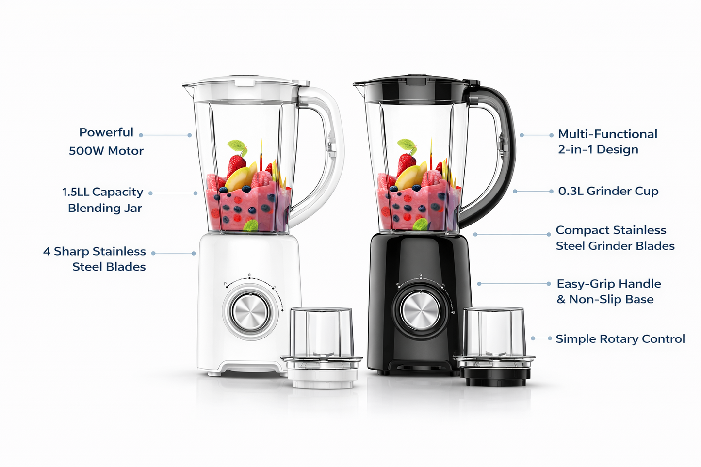 500W 2-in-1 Blender Grinder | 1.5L Jug | 2 Speed + Pulse | Coffee Grinder | White or Black