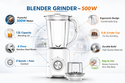 500W 2-in-1 Blender Grinder | 1.5L Jug | 2 Speed + Pulse | Coffee Grinder | White or Black