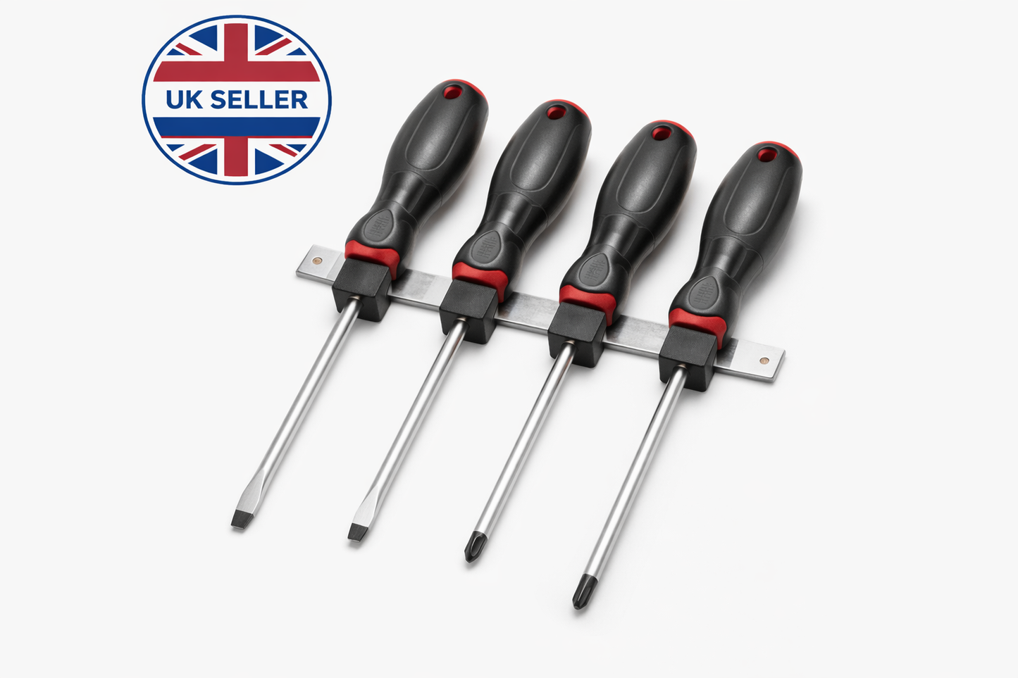 4 Piece Screwdriver Set | CR-V Steel | Magnetic Tips | Anti-Slip Grip | Wall-Mount Rack Included