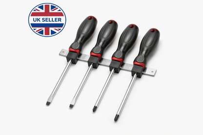 4 Piece Screwdriver Set | CR-V Steel | Magnetic Tips | Anti-Slip Grip | Wall-Mount Rack Included