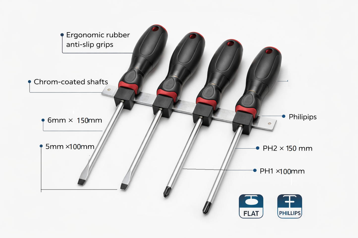 4 Piece Screwdriver Set | CR-V Steel | Magnetic Tips | Anti-Slip Grip | Wall-Mount Rack Included