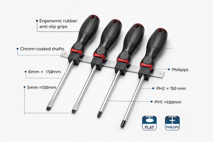 4 Piece Screwdriver Set | CR-V Steel | Magnetic Tips | Anti-Slip Grip | Wall-Mount Rack Included