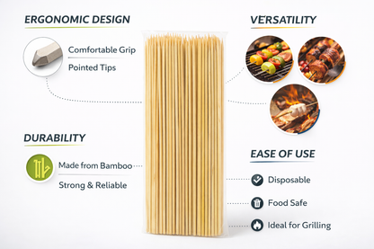 Bamboo Skewers 25cm 150 Pack | Extra Thick | Single Point | Non-Porous | BBQ Oven Party Use