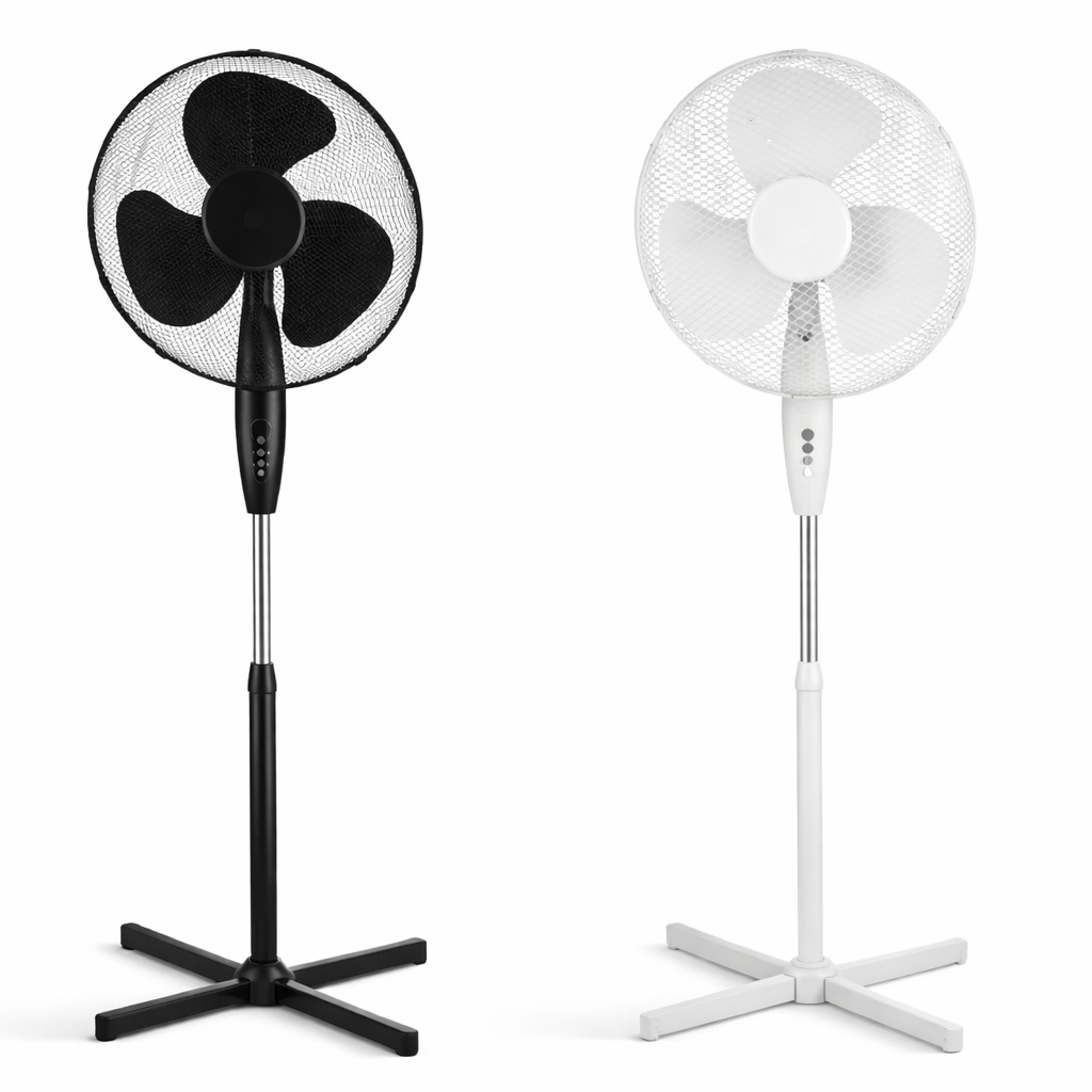16 Inch Oscillating Stand Fan with cross leg Base | 3 Speed Silent Pedestal Fan | White & Black | 40cm UK Plug
