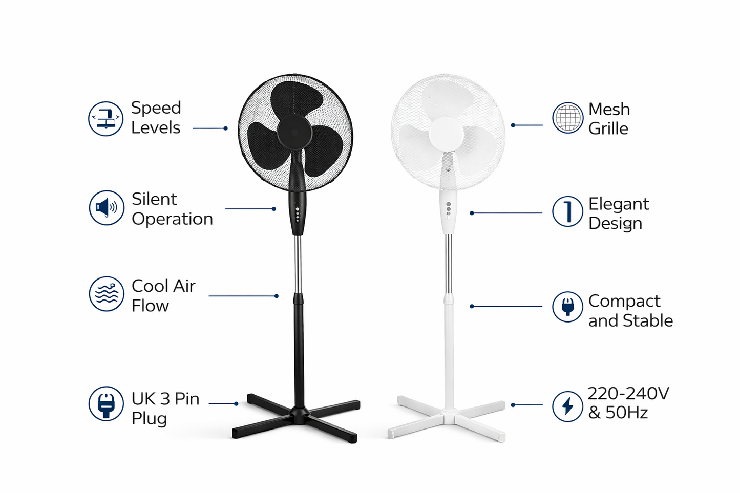 16 Inch Oscillating Stand Fan with cross leg Base | 3 Speed Silent Pedestal Fan | White & Black | 40cm UK Plug