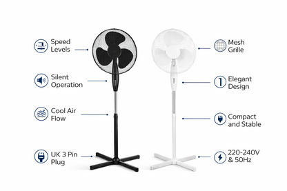 16 Inch Oscillating Stand Fan with cross leg Base | 3 Speed Silent Pedestal Fan | White & Black | 40cm UK Plug