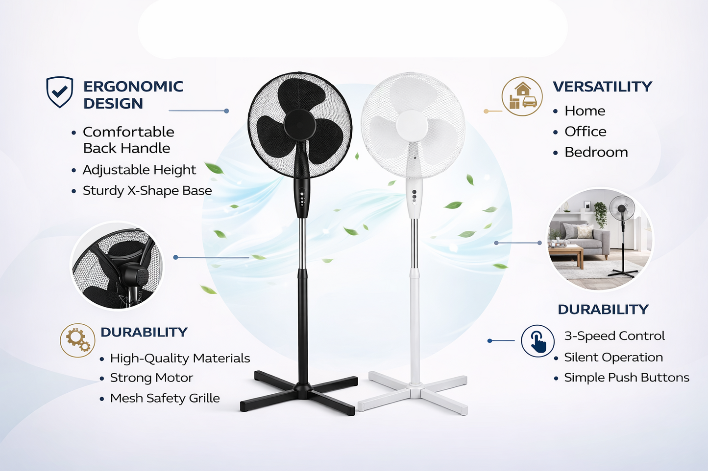 16 Inch Oscillating Stand Fan with cross leg Base | 3 Speed Silent Pedestal Fan | White & Black | 40cm UK Plug